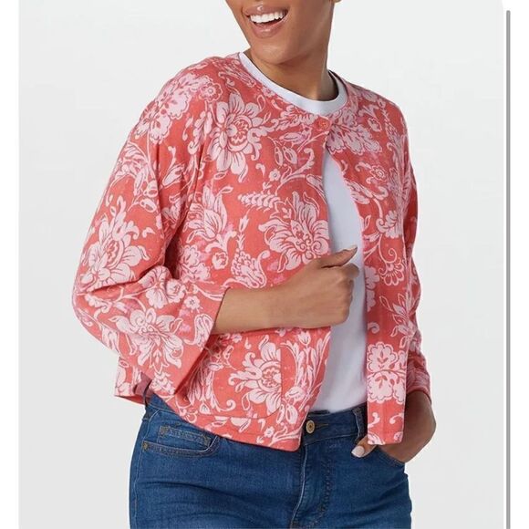 NWT Issac Mizrahi Live! Coral Floral One Button Cardigan Sweater Women’s Medium - Picture 1 of 10